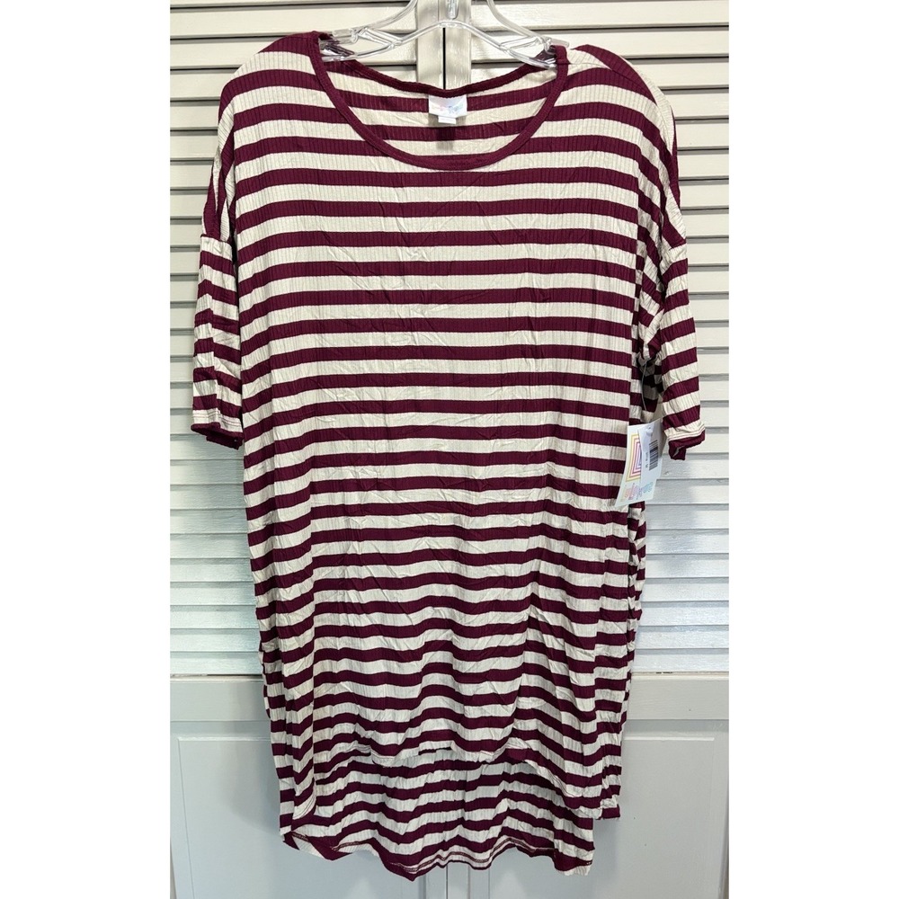 LulaRoe NWT‎ Irma Striped High/Low Dress Size M Short Sleeve Burgundy/Cream Boho